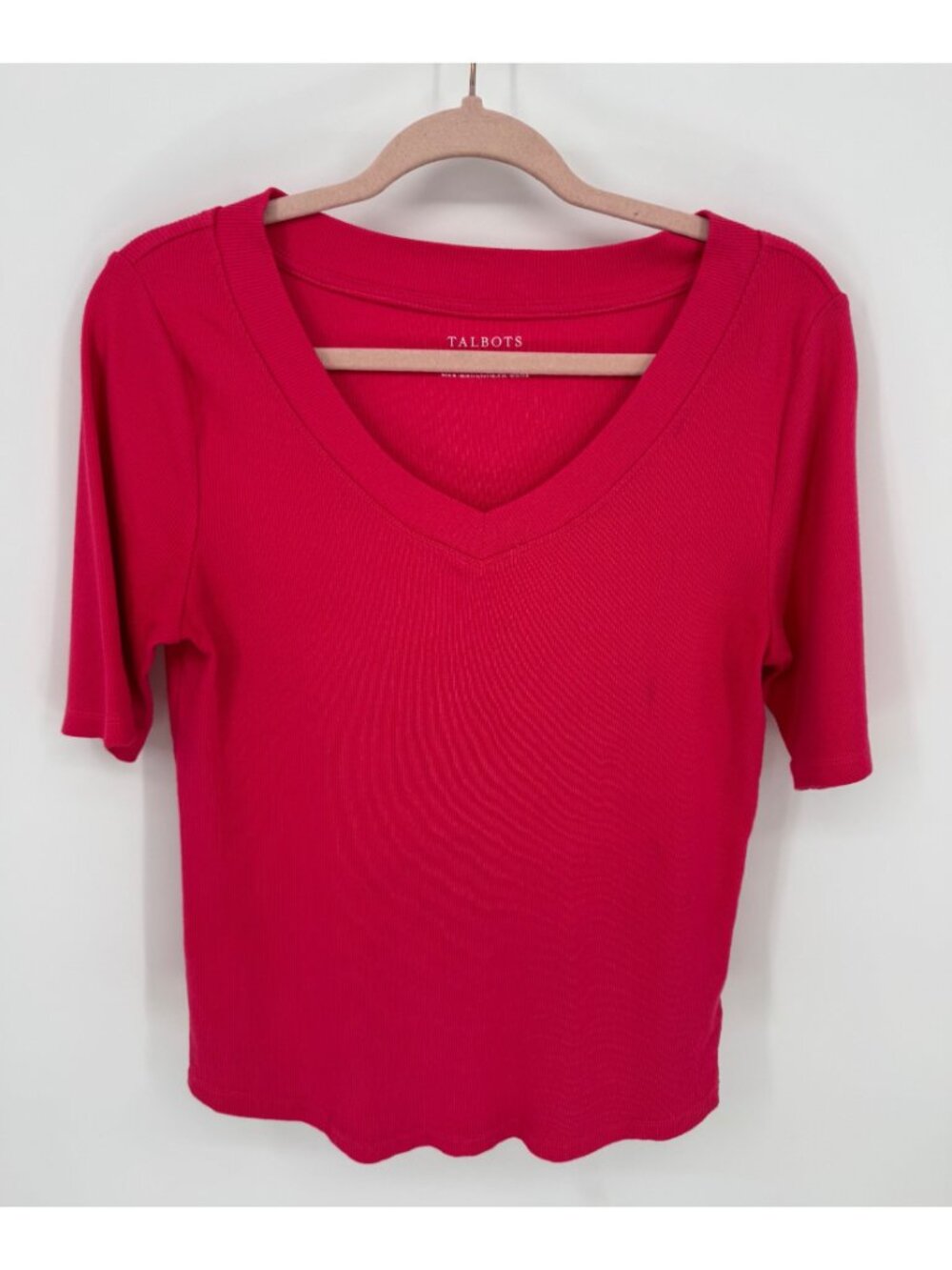 Talbots Womens Raspberry V-Neck 3/4 Sleeve Ribbed Tee Size M - Picture 2 of 9